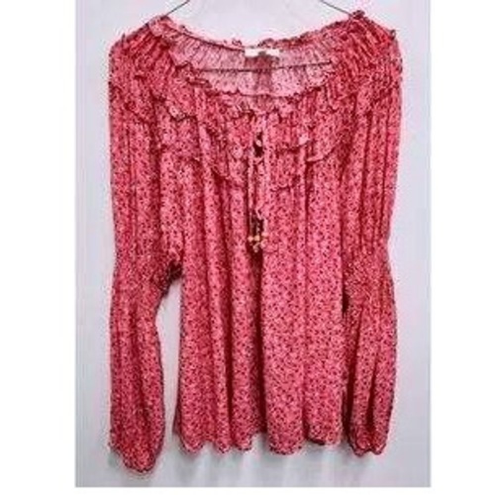 Easel Floral Ruffle Blouse Womens L Pink Boho Peasant Top Smocked Long Sleeve